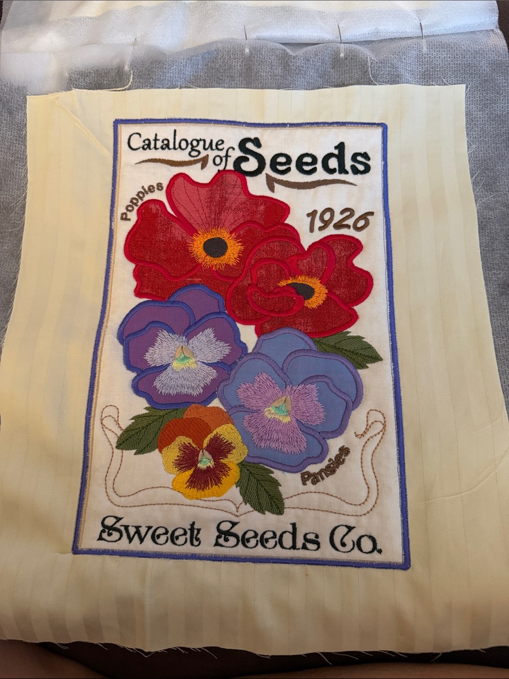 Floral Seed Packet Embroidered Pillow Panel - Red & Purple Flowers